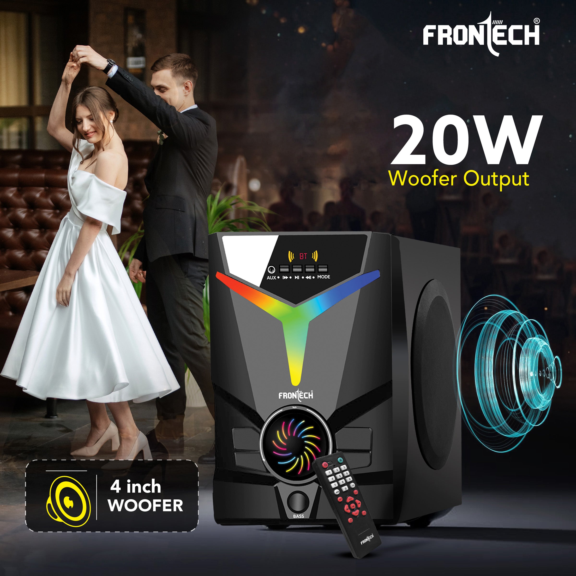 FRONTECH 40W Bluetooth 5.0 Multimedia Speaker| Powerful Bass | 2.1 Channel | Surround Sound System | USB | AUX | FM Radio | Wireless Remote Control for Home & Office (SW-0144) FRONTECH 40W Bluetooth 5.0 Multimedia Speaker| Powerful Bass | 2.1 Channel | Surround Sound System | USB | AUX | FM Radio | Wireless Remote Control for Home & Office (SW-0144)